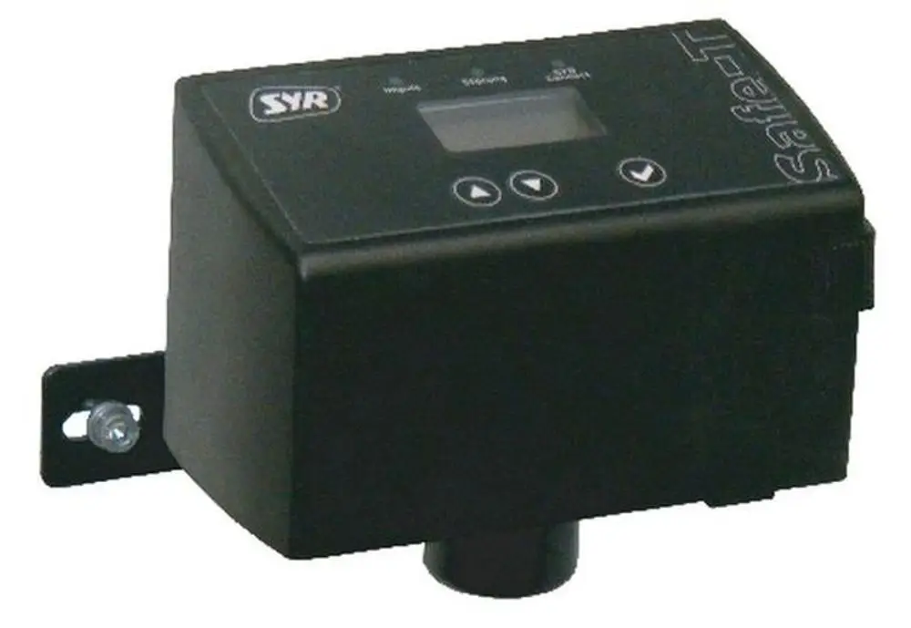 Syr-Leckageschutzmodul für große Objekte, in einer kompakten schwarzen Box mit Display und Bedientasten, zur Installation an Wasserleitungen.